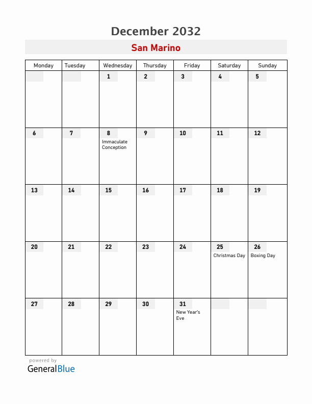 San Marino December 2032 Calendar with Holidays