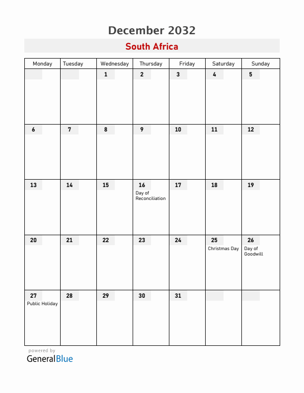 South Africa December 2032 Calendar with Holidays