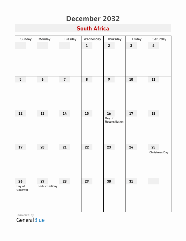 South Africa December 2032 Calendar with Holidays