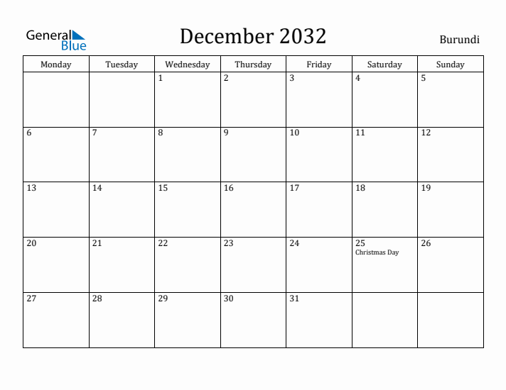 December 2032 Calendar Burundi