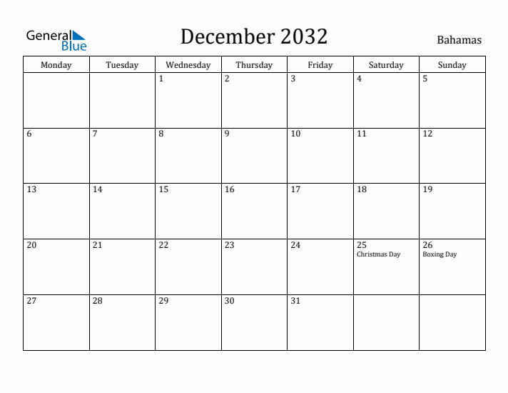 December 2032 Calendar Bahamas