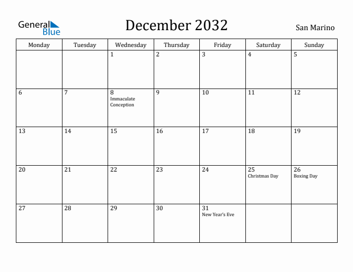 December 2032 Calendar San Marino