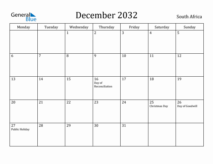 December 2032 Calendar South Africa