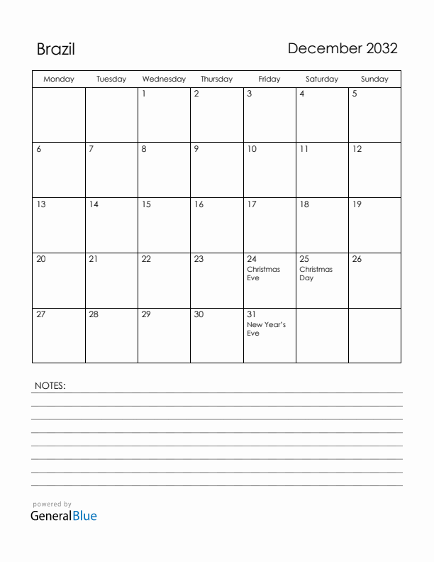 December 2032 Brazil Calendar with Holidays (Monday Start)