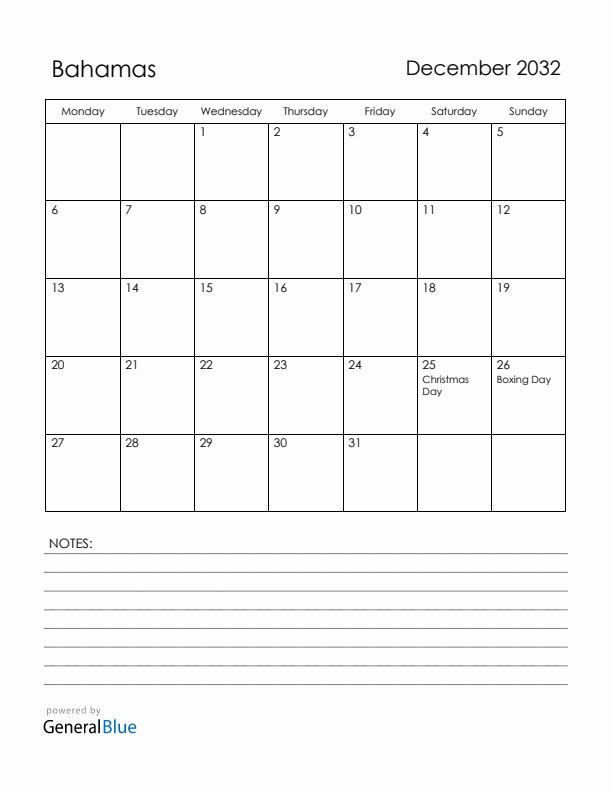 December 2032 Bahamas Calendar with Holidays (Monday Start)
