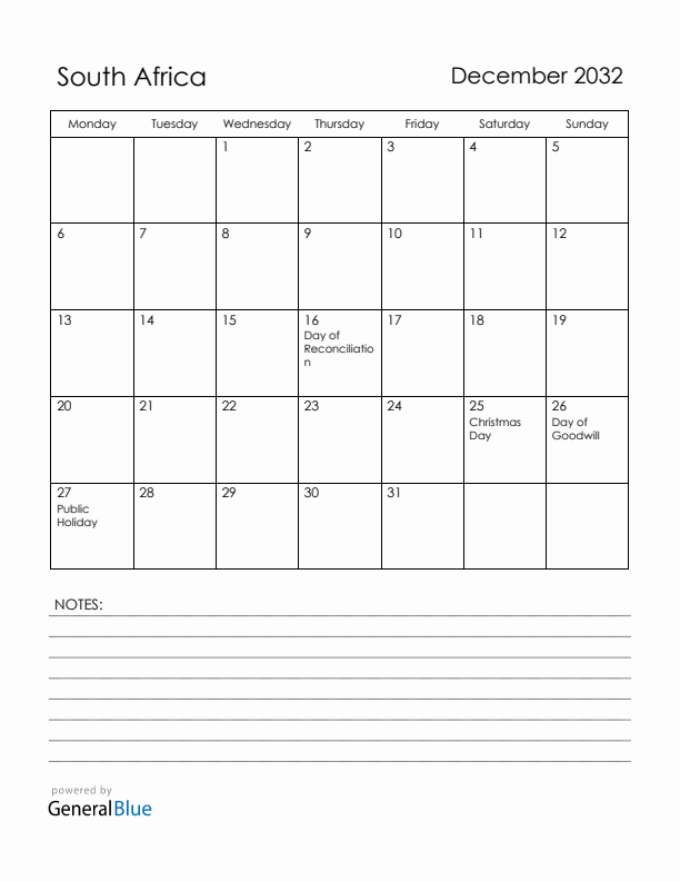 December 2032 South Africa Calendar with Holidays (Monday Start)