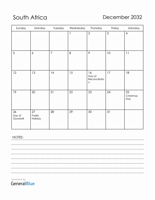 December 2032 South Africa Calendar with Holidays (Sunday Start)