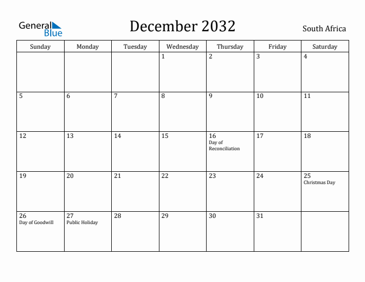 December 2032 Calendar South Africa