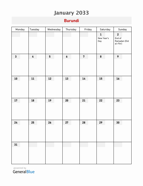 Burundi January 2033 Calendar with Holidays
