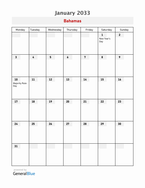 Bahamas January 2033 Calendar with Holidays