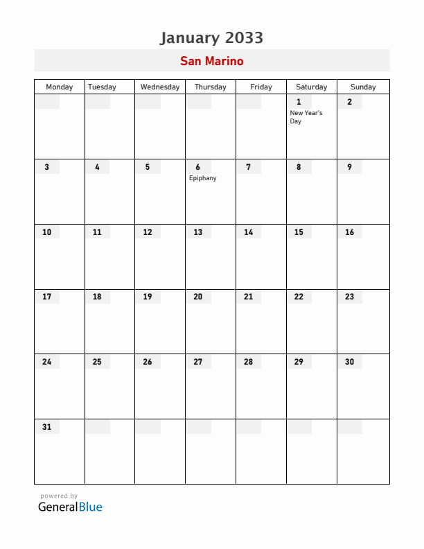 San Marino January 2033 Calendar with Holidays