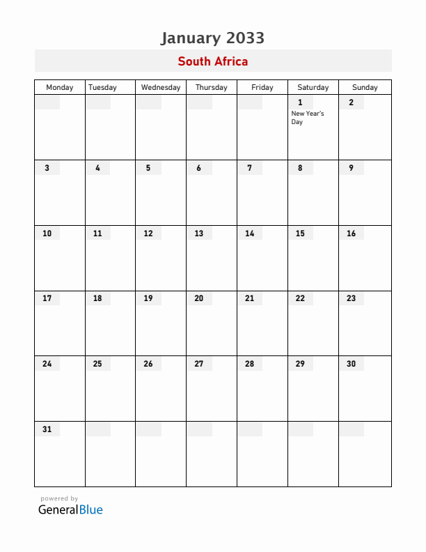 South Africa January 2033 Calendar with Holidays
