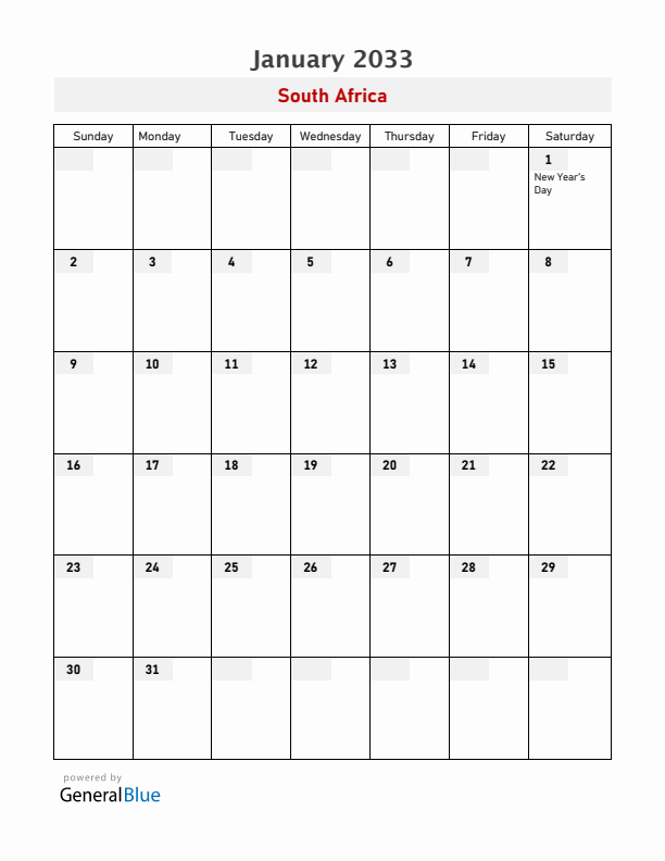South Africa January 2033 Calendar with Holidays
