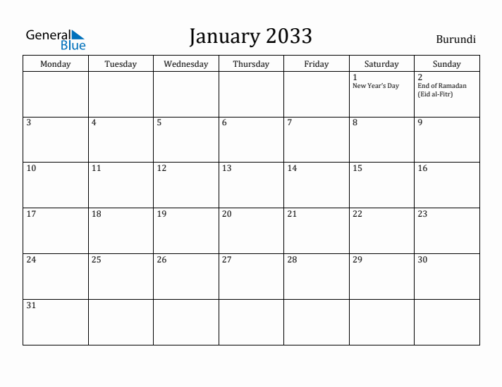 January 2033 Calendar Burundi