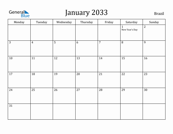 January 2033 Calendar Brazil