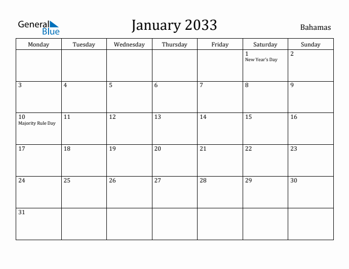 January 2033 Calendar Bahamas