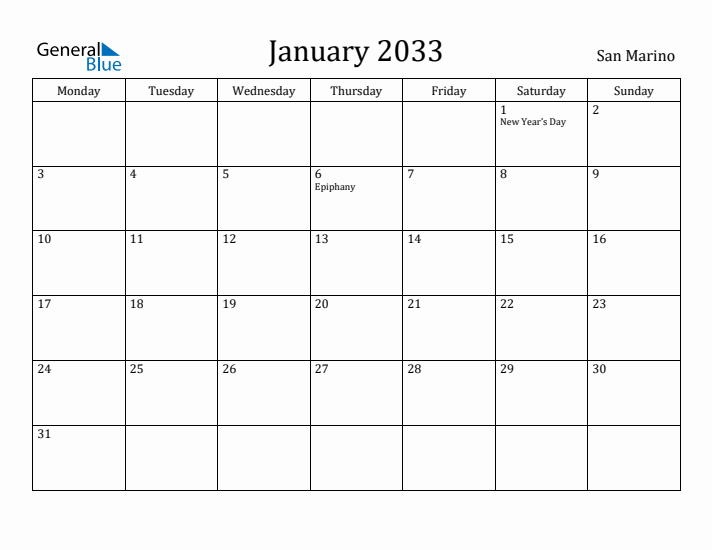 January 2033 Calendar San Marino
