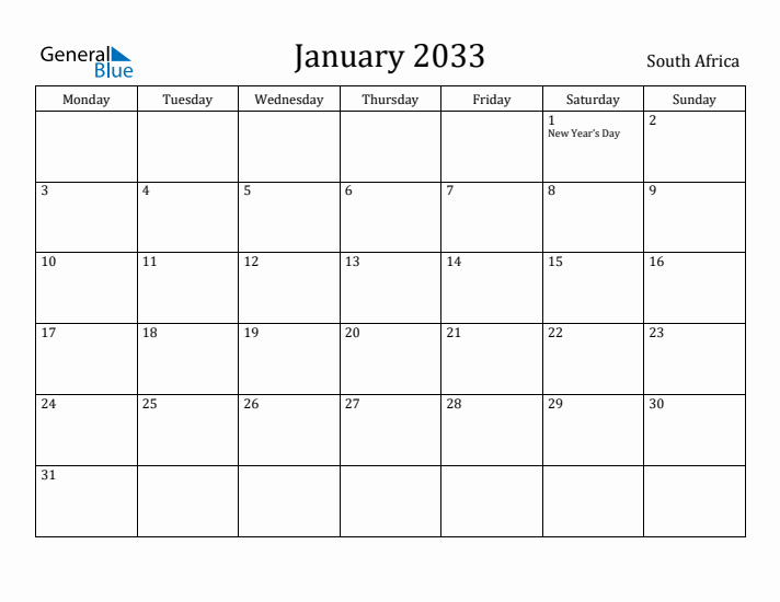 January 2033 Calendar South Africa