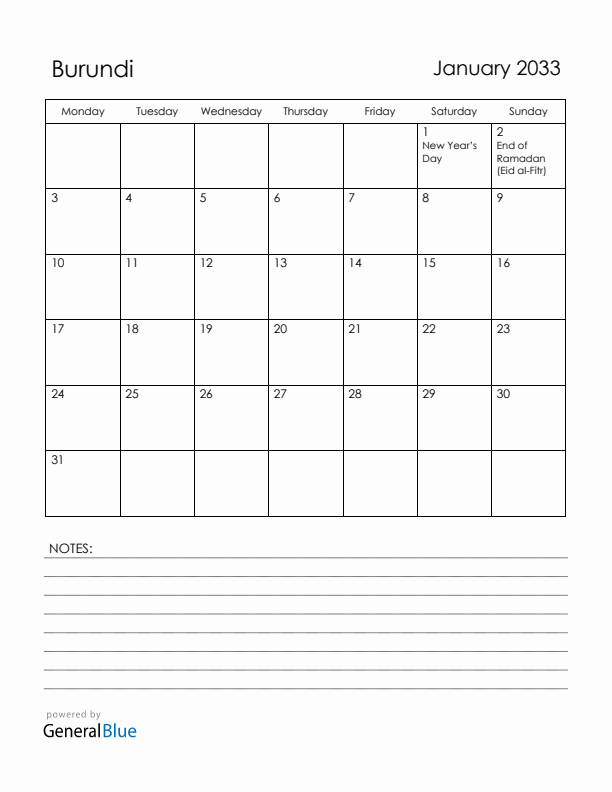 January 2033 Burundi Calendar with Holidays (Monday Start)