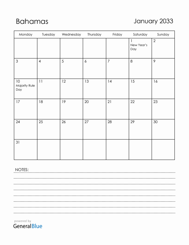 January 2033 Bahamas Calendar with Holidays (Monday Start)