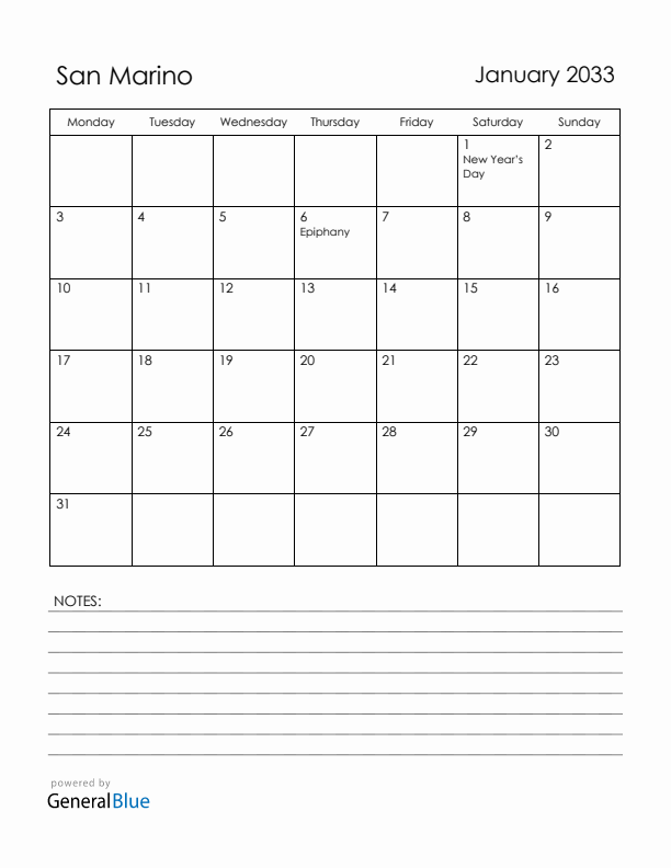 January 2033 San Marino Calendar with Holidays (Monday Start)