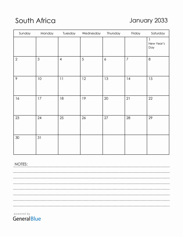 January 2033 South Africa Calendar with Holidays (Sunday Start)