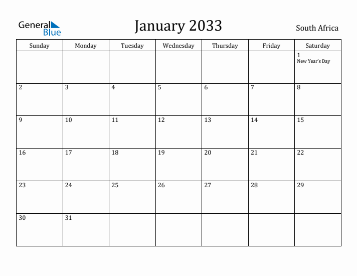 January 2033 Calendar South Africa