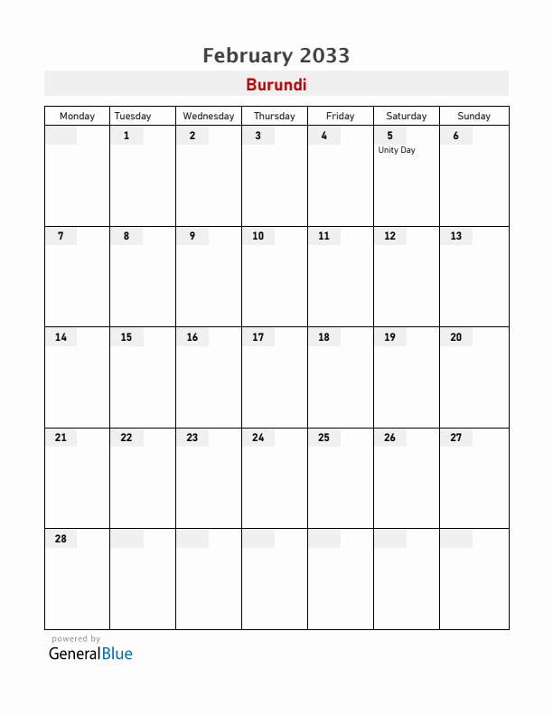 Burundi February 2033 Calendar with Holidays