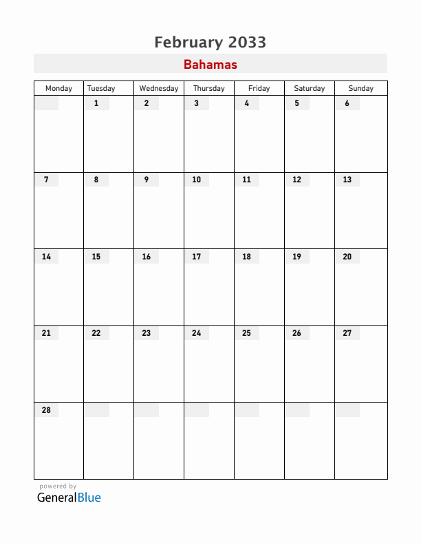 Bahamas February 2033 Calendar with Holidays