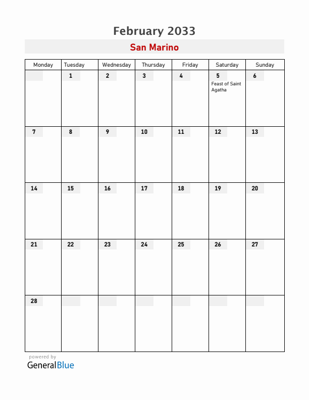 San Marino February 2033 Calendar with Holidays