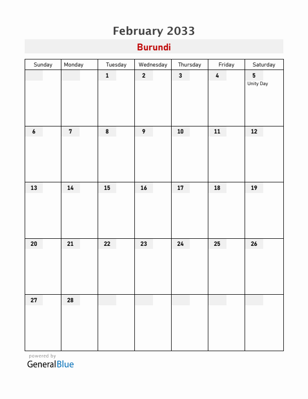 Burundi February 2033 Calendar with Holidays