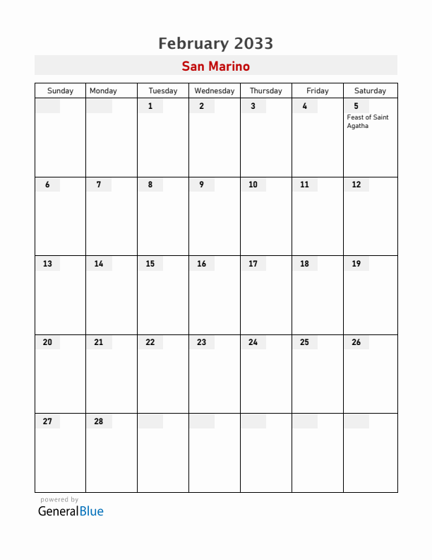 San Marino February 2033 Calendar with Holidays