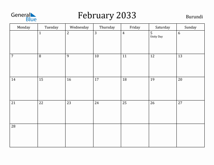 February 2033 Calendar Burundi