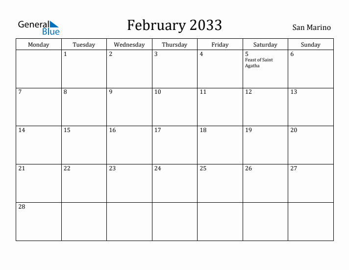 February 2033 Calendar San Marino