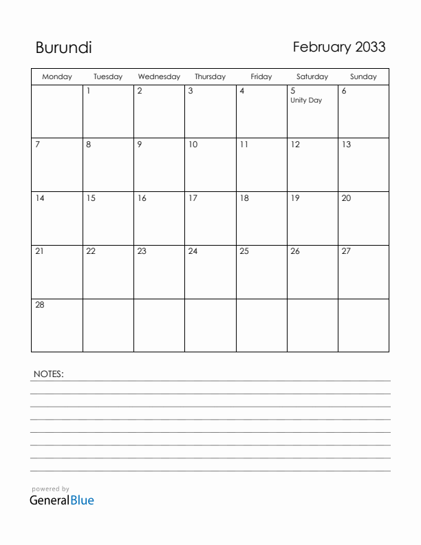 February 2033 Burundi Calendar with Holidays (Monday Start)