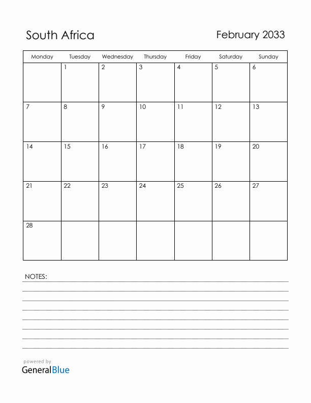February 2033 South Africa Calendar with Holidays (Monday Start)