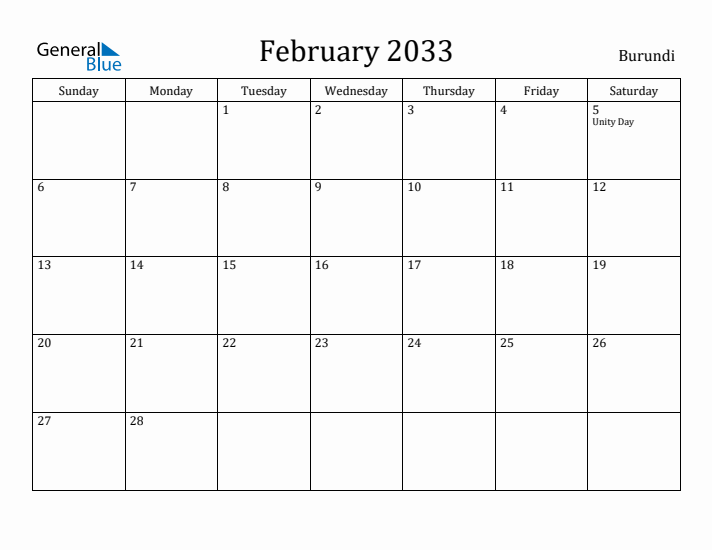February 2033 Calendar Burundi