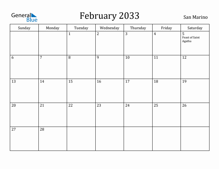 February 2033 Calendar San Marino