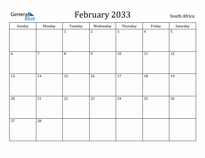 February 2033 Calendar South Africa