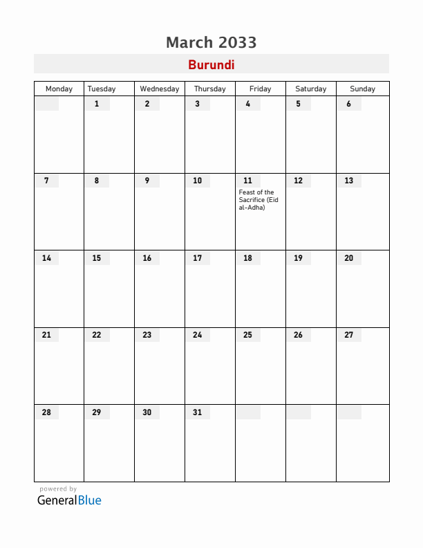 Burundi March 2033 Calendar with Holidays