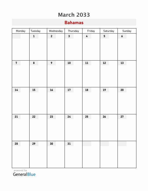 Bahamas March 2033 Calendar with Holidays