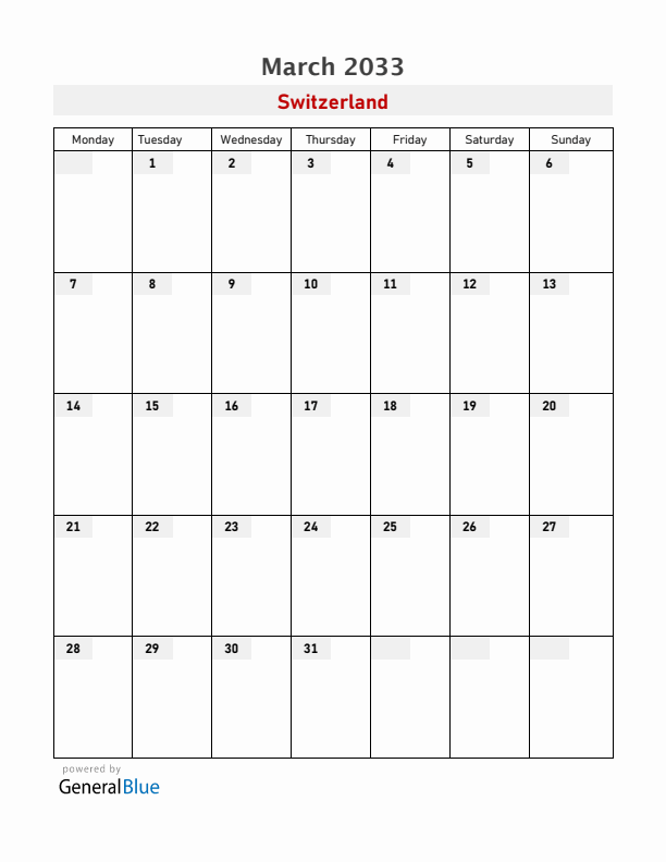 Switzerland March 2033 Calendar with Holidays
