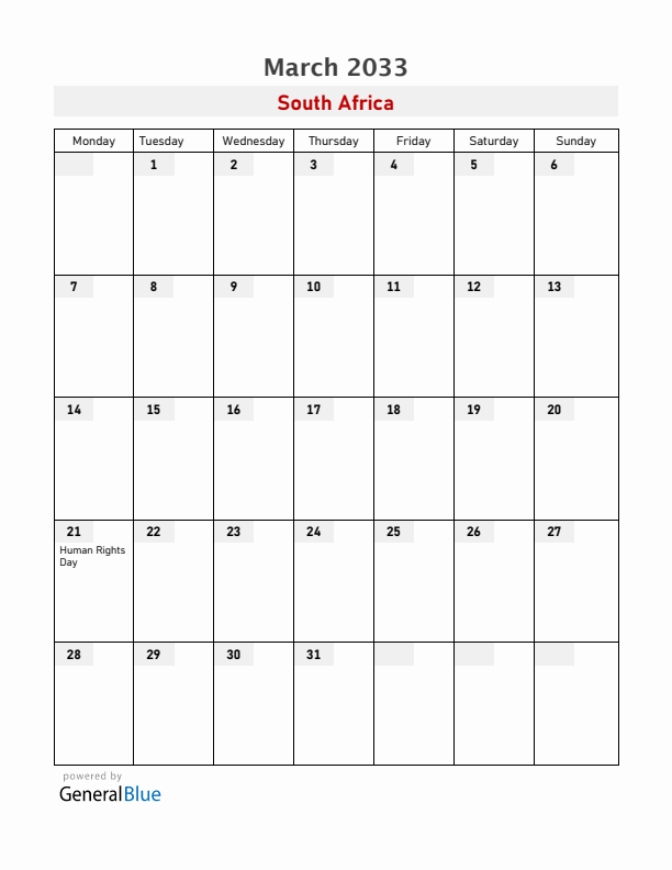South Africa March 2033 Calendar with Holidays