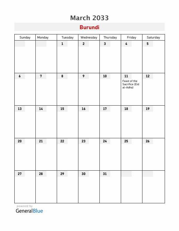 Burundi March 2033 Calendar with Holidays