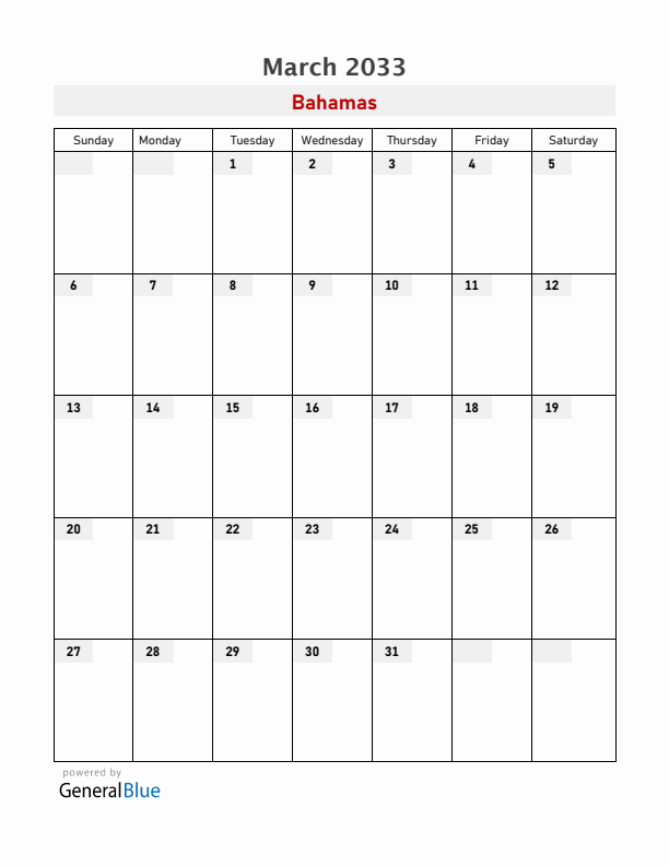 Bahamas March 2033 Calendar with Holidays