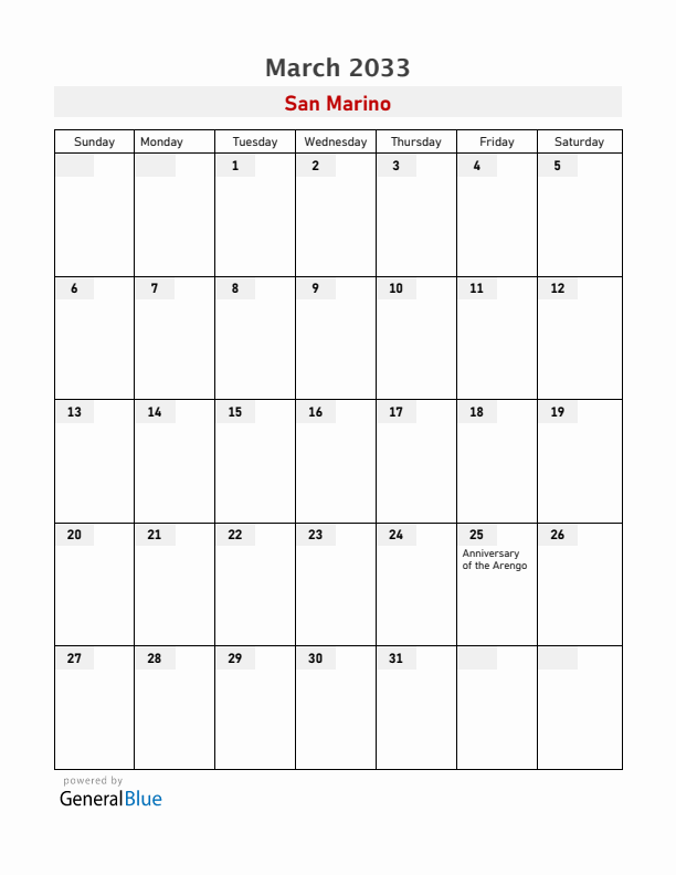 San Marino March 2033 Calendar with Holidays