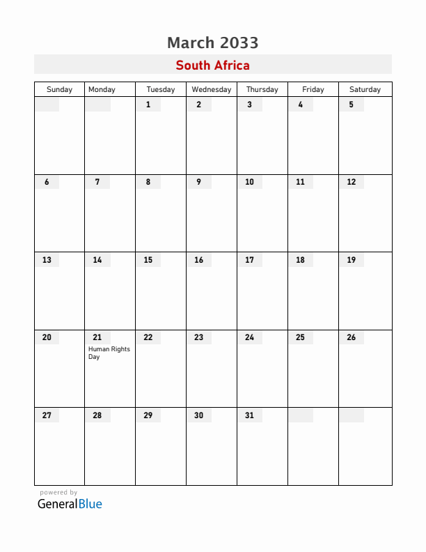 South Africa March 2033 Calendar with Holidays