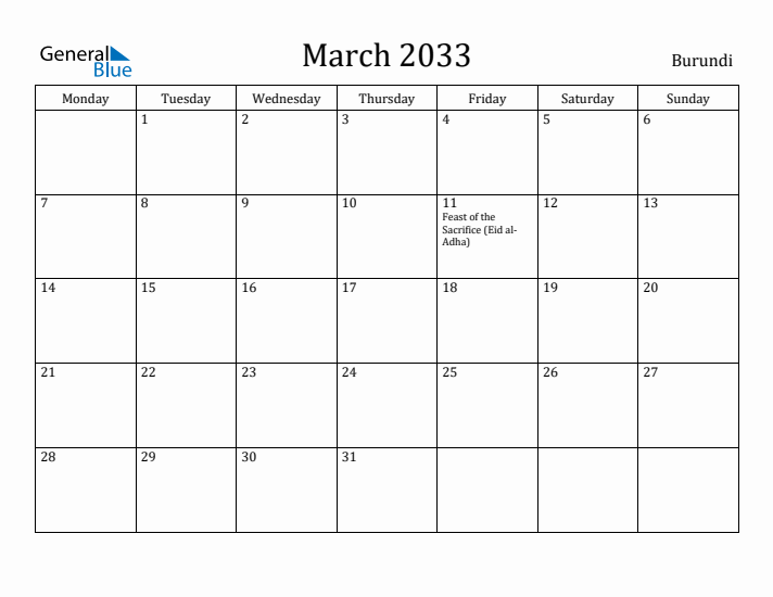 March 2033 Calendar Burundi