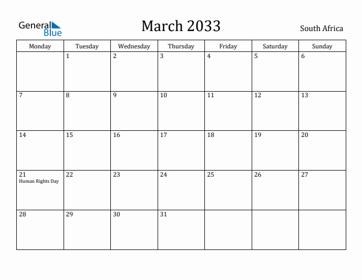 March 2033 Calendar South Africa