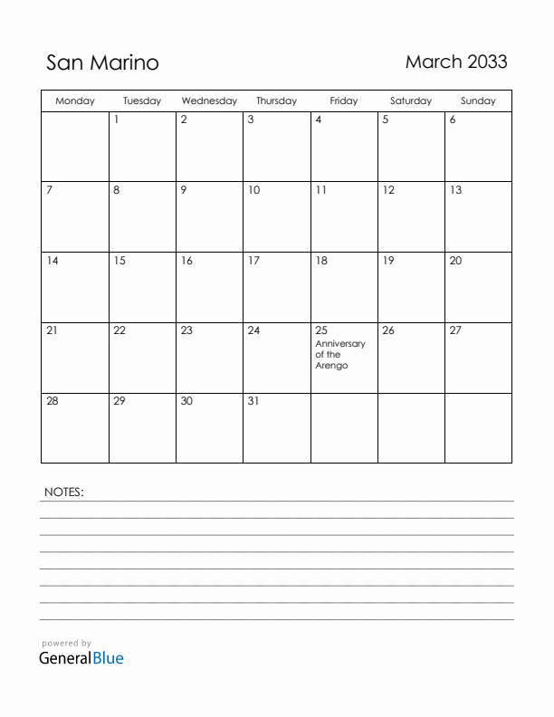 March 2033 San Marino Calendar with Holidays (Monday Start)